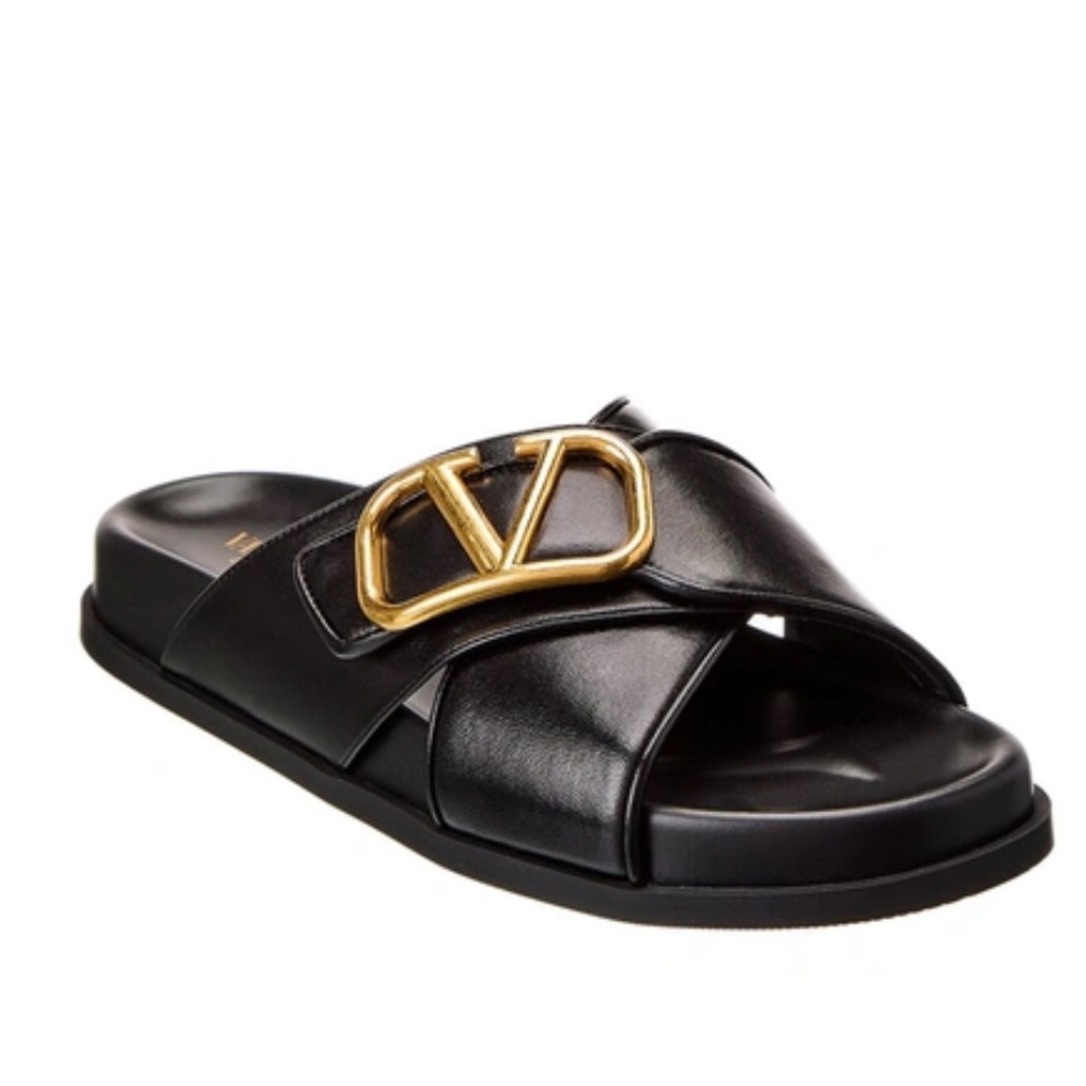 Authentic Valentino Garavani Black leather gold logo plate Slides Size 40 EUC!